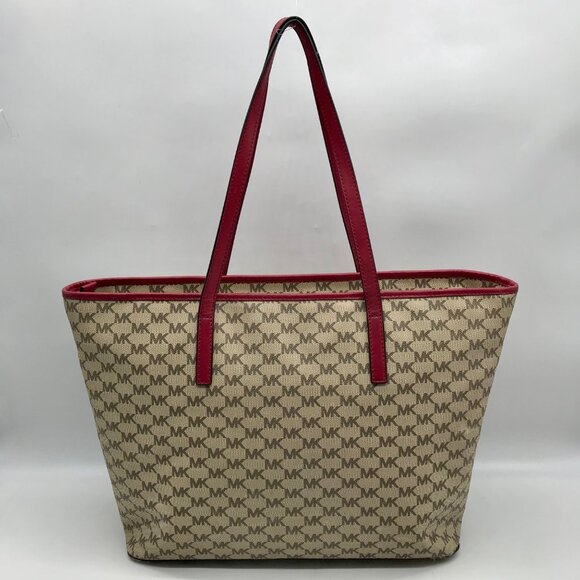 Michael Kors Beige Canvas And Red Leather Trim Monogram Tote Bag - Picture 2 of 10